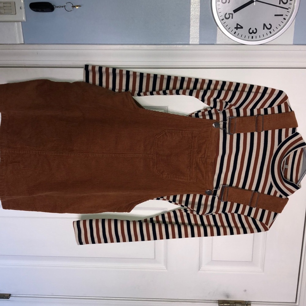Striped bodysuit + overall dress